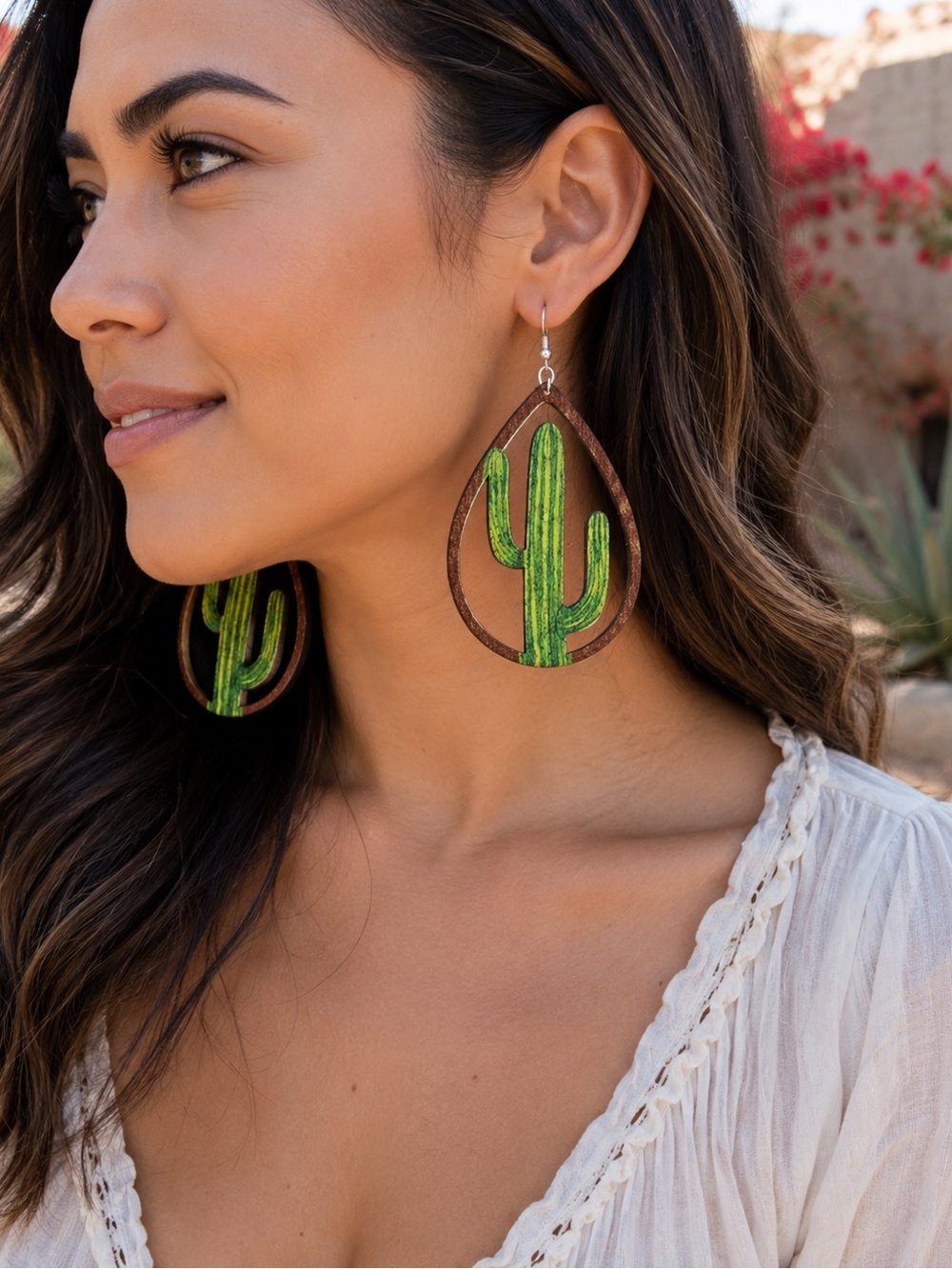 Boho Wooden Cactus Drop Earrings Teardrop Western Southwestern NWOT